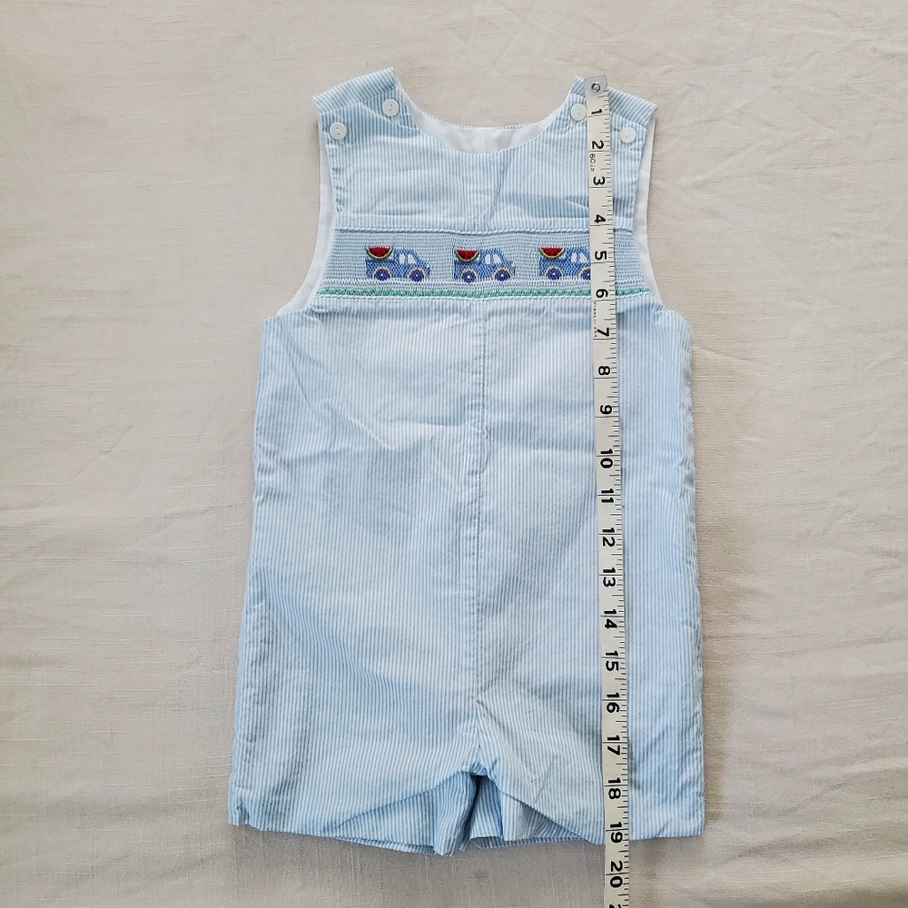 Petit Bebe Smocked Jon Jon Watermelon Trucks Blue Striped 24 Months Baby Boy - Picture 3 of 7